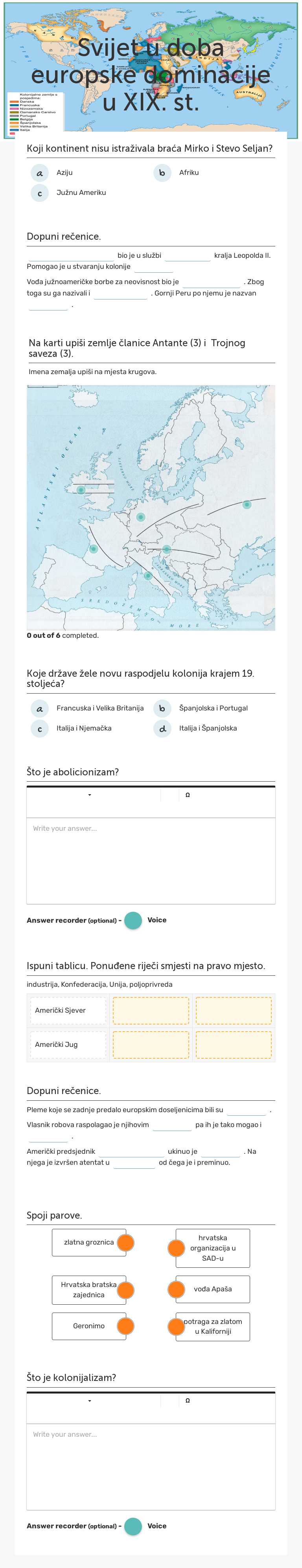 Svijet u doba europske dominacije u XIX. st. Grade 7 worksheet preview