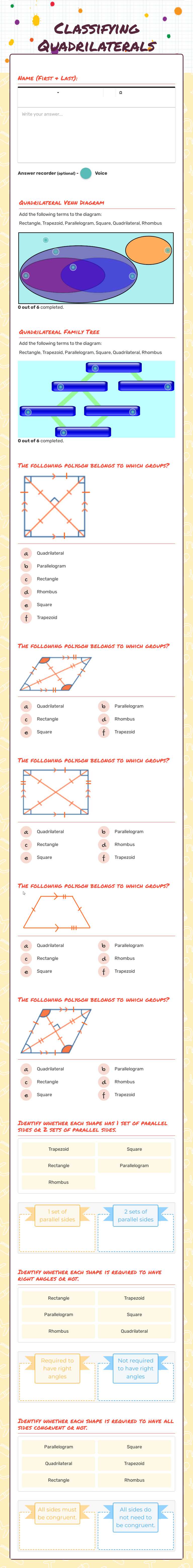 Classifying Quadrilaterals Grade 5 worksheet preview