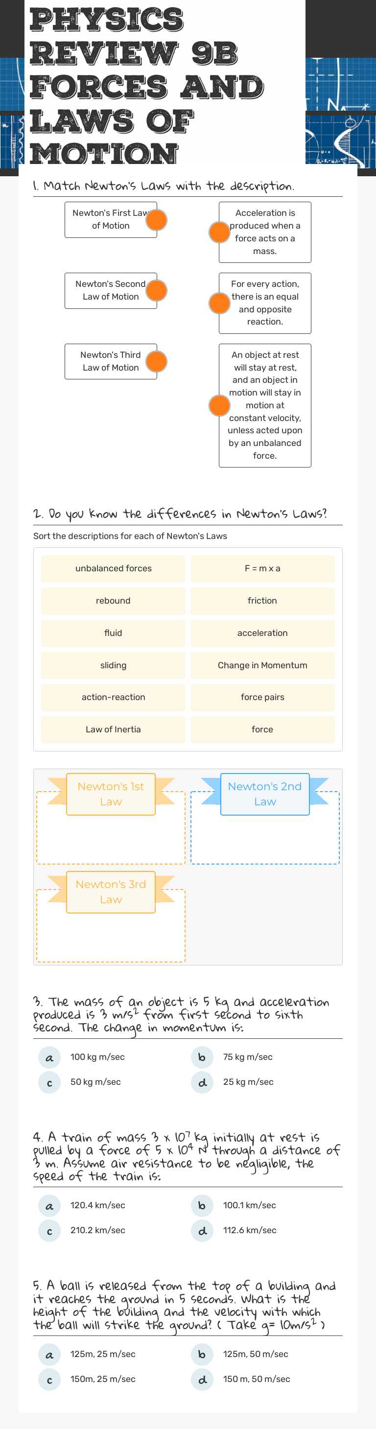 Physics Review 9B Forces 
and LAWS OF MOTION Grade 9 worksheet preview