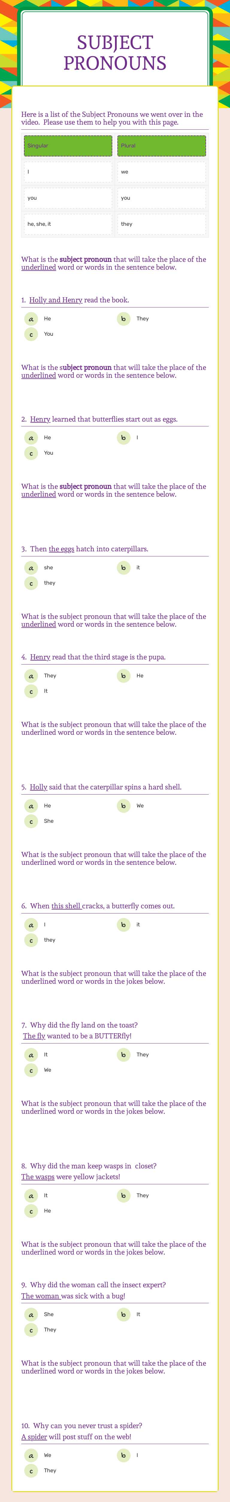 Subject pronouns worksheet preview image