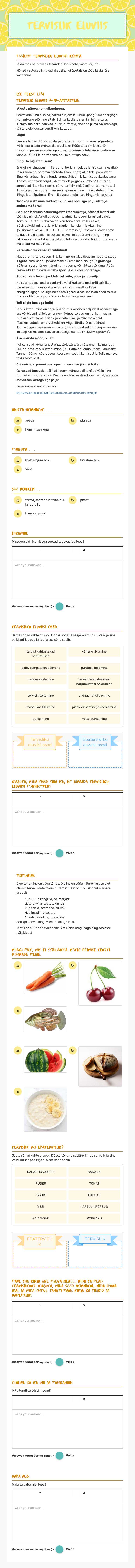 Tervislik eluviis Grade 4 worksheet preview