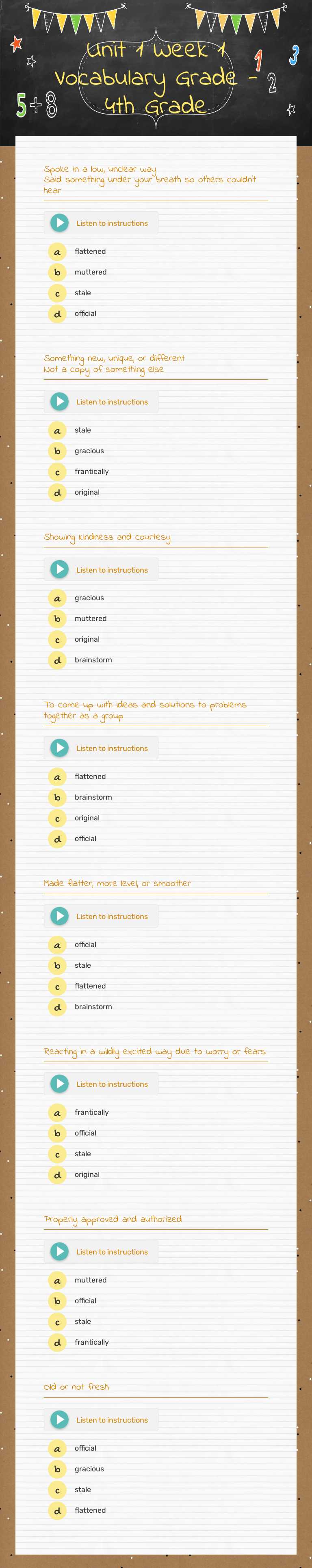 Unit 1 Week 1 Vocabulary Grade - 4th Grade Grade 4 worksheet preview