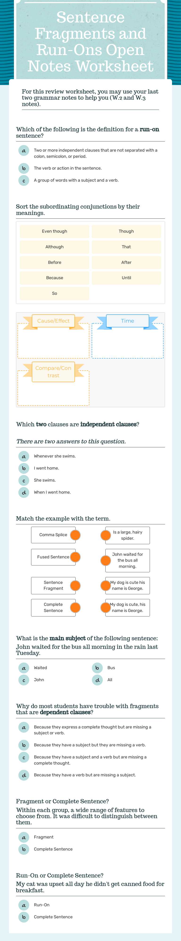 Sentence Fragments and Run-Ons Open Notes Worksheet worksheet preview