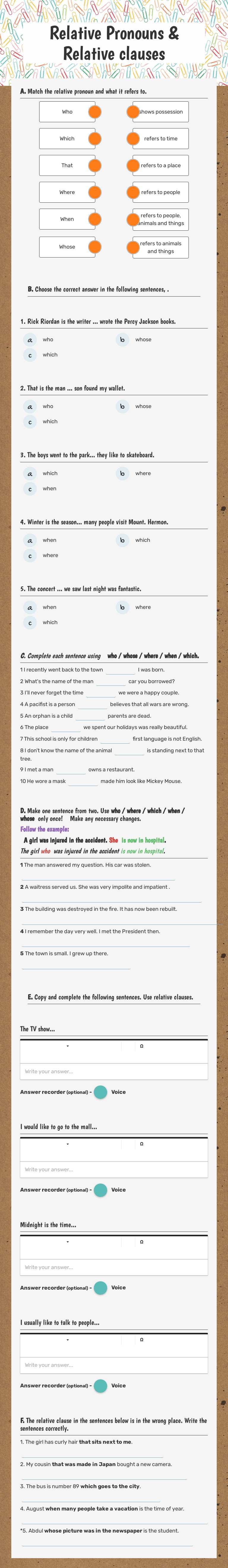 Relative Pronouns & Relative clauses Grade 12 worksheet preview