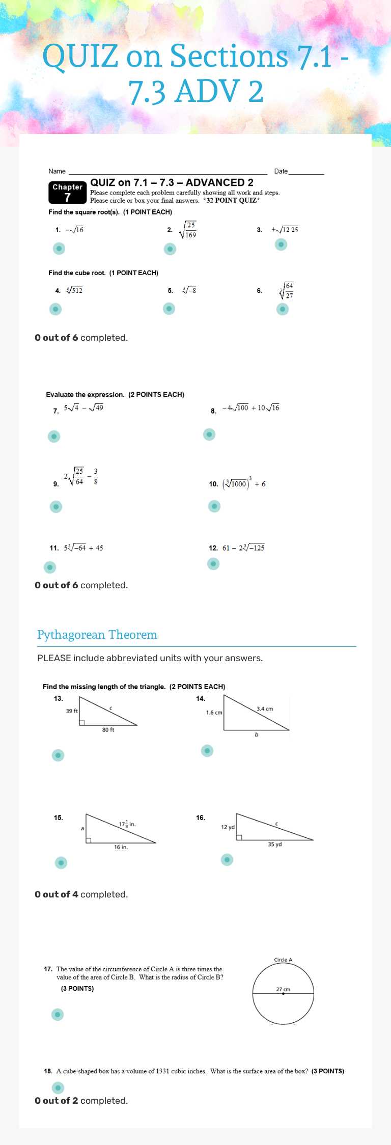 QUIZ on Sections   7.1 - 7.3 ADV 2 Grade 7 worksheet preview