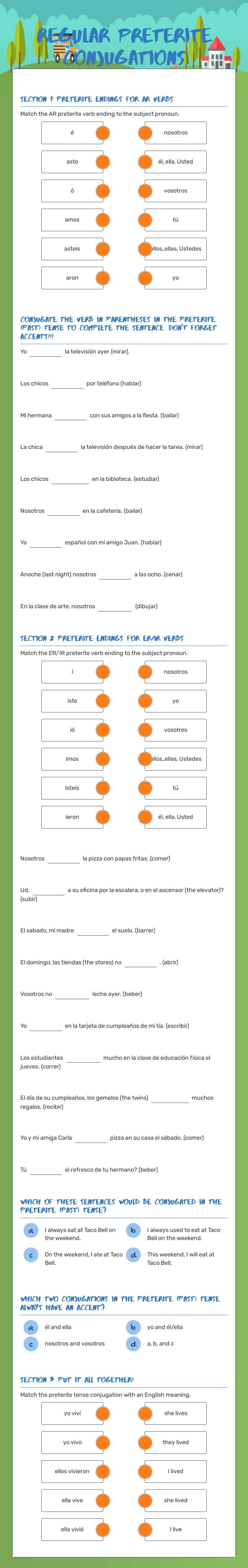 REGULAR PRETERITE CONJUGATIONS Grade 10 worksheet preview