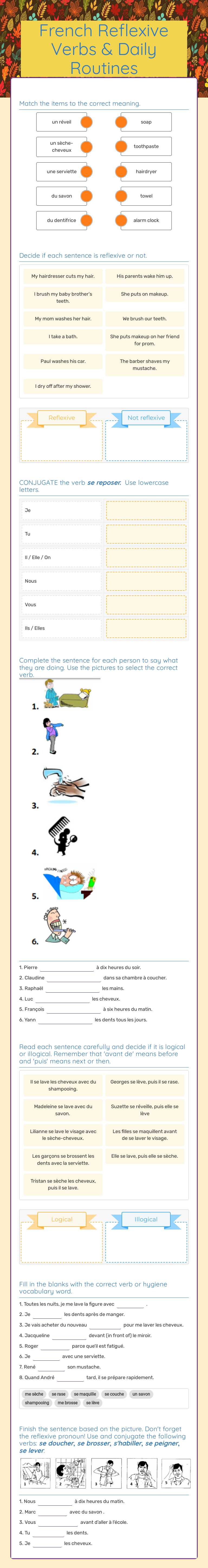 French Reflexive Verbs & Daily Routines Grade 10 worksheet preview