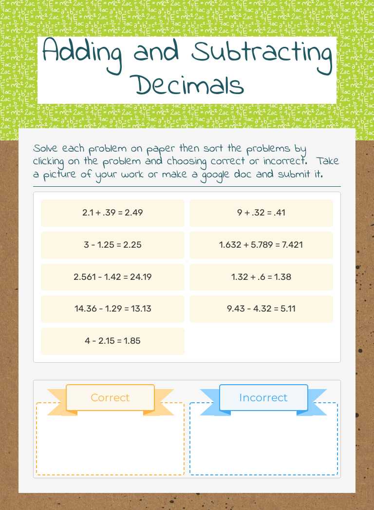 Adding and Subtracting Decimals Grade 6 worksheet preview