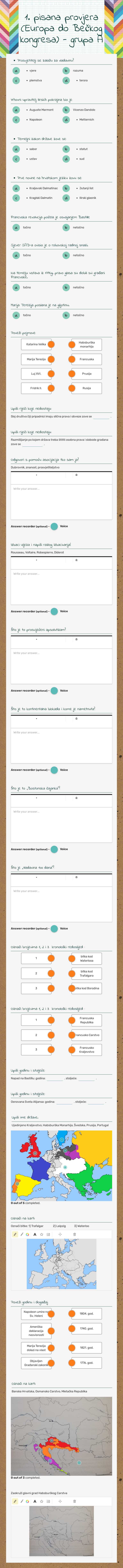 1. pisana provjera (Europa do Bečkog kongresa) - grupa A worksheet preview image