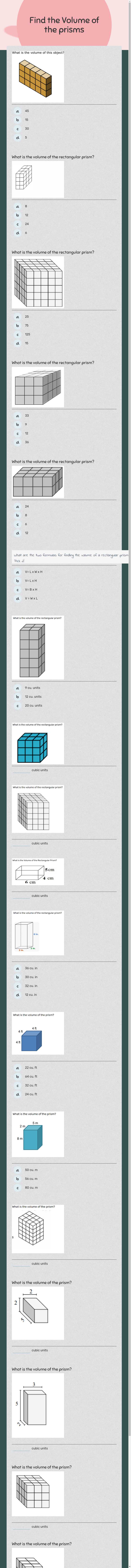 Find the Volume of the prisms worksheet preview image