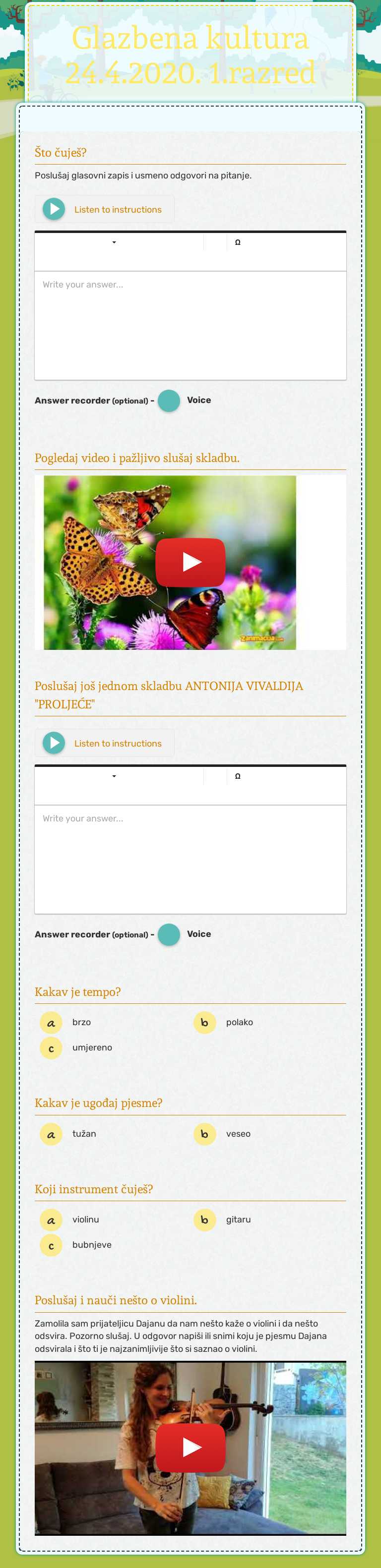 Glazbena kultura 24.4.2020. 1.razred Grade 1 worksheet preview