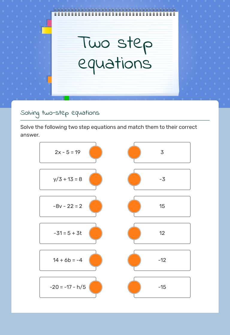 Two step equations worksheet preview image