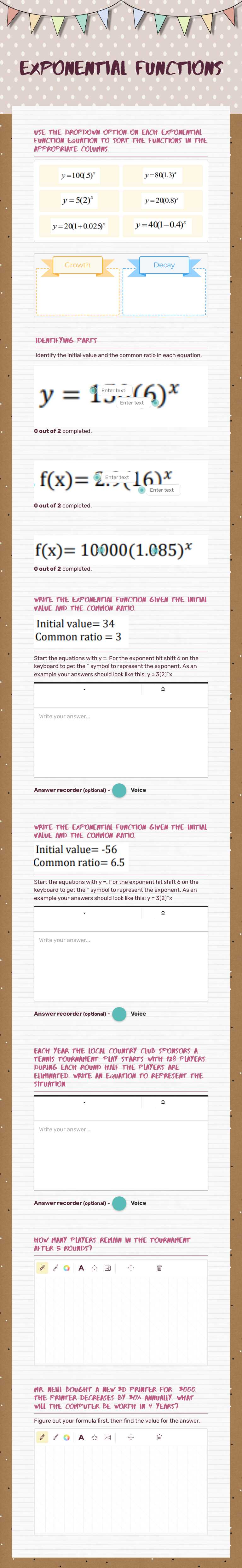 Exponential Functions worksheet preview image