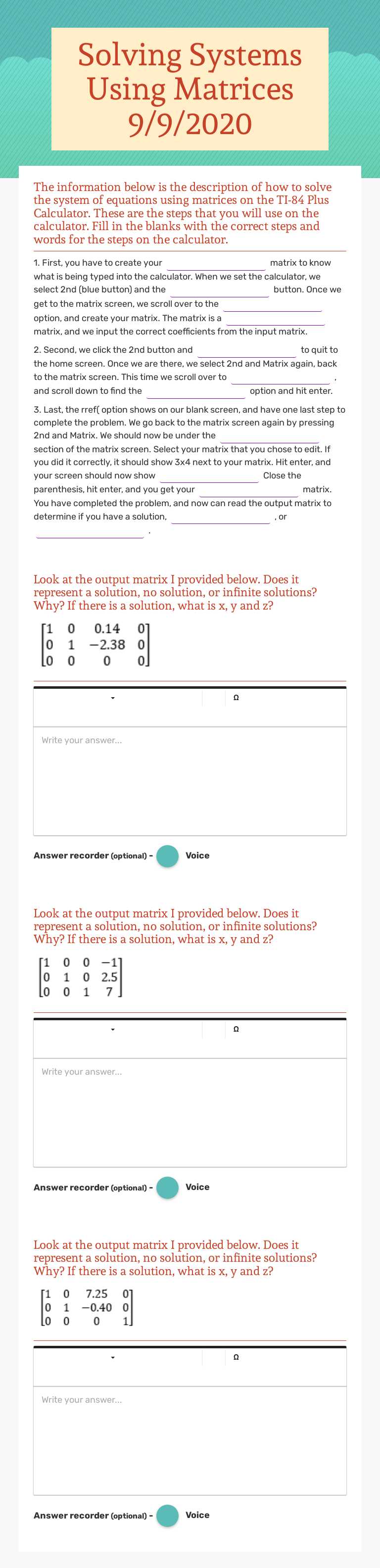 Solving Systems Using Matrices 9/9/2020 worksheet preview image