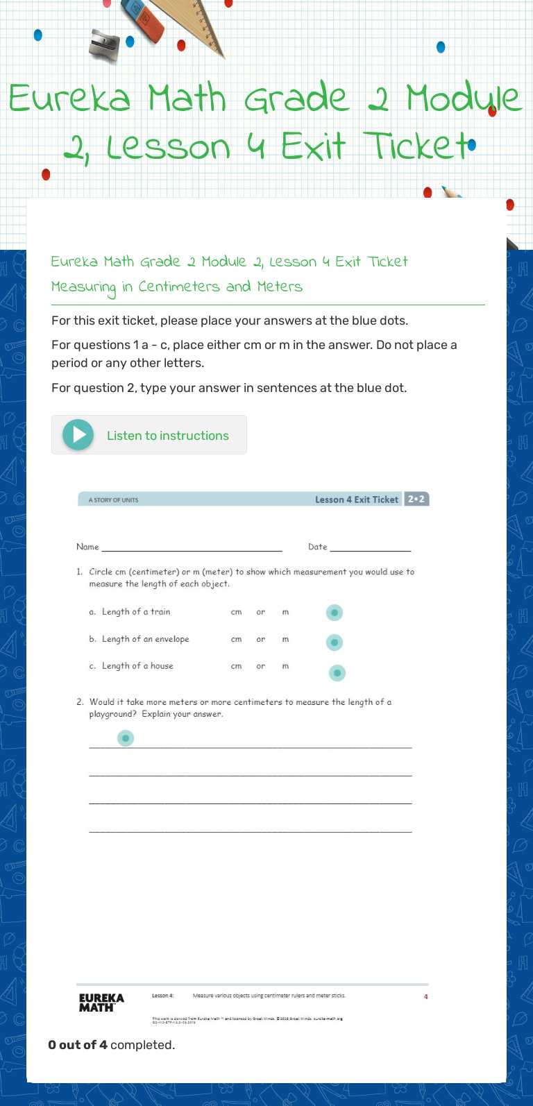 Eureka Math Grade 2 Module 2, Lesson 4 Exit Ticket worksheet preview image