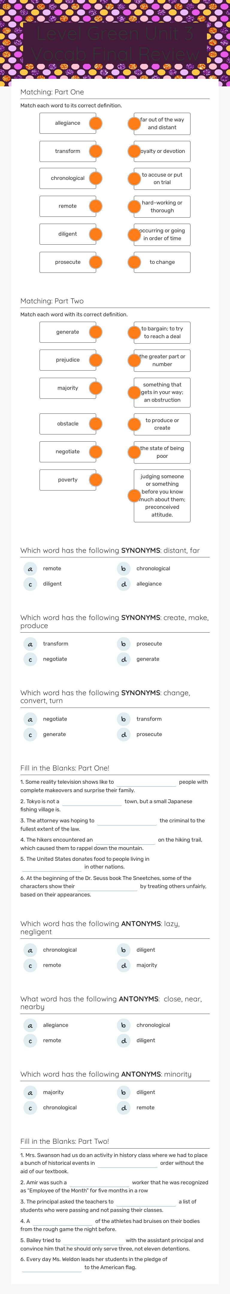 Level Green Unit 3 Vocab Final Review worksheet preview image
