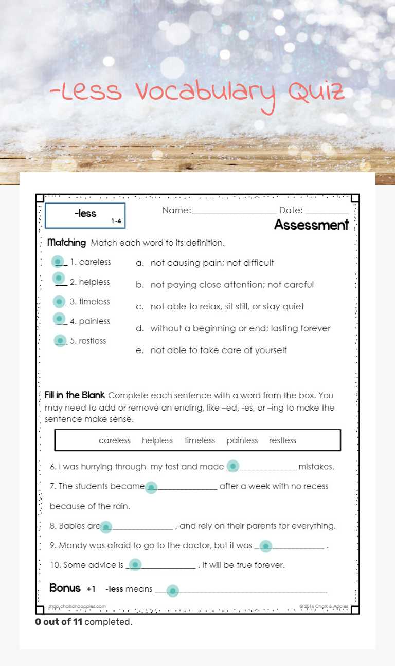 -Less Vocabulary Quiz worksheet preview image