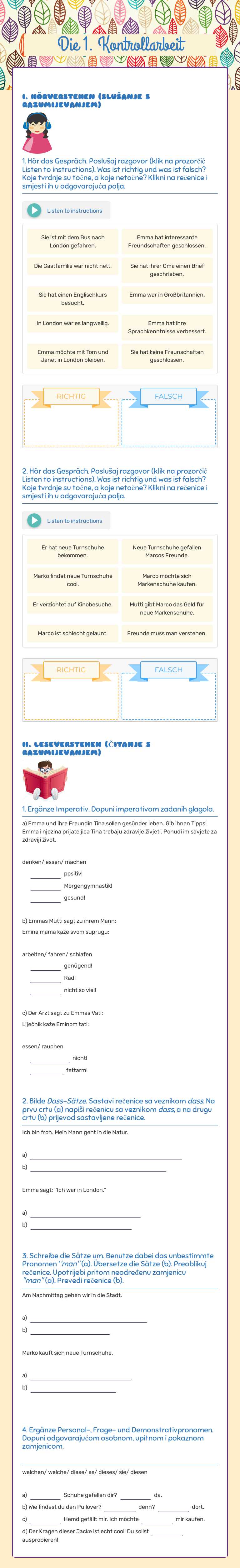 Die 1. Kontrollarbeit worksheet preview image
