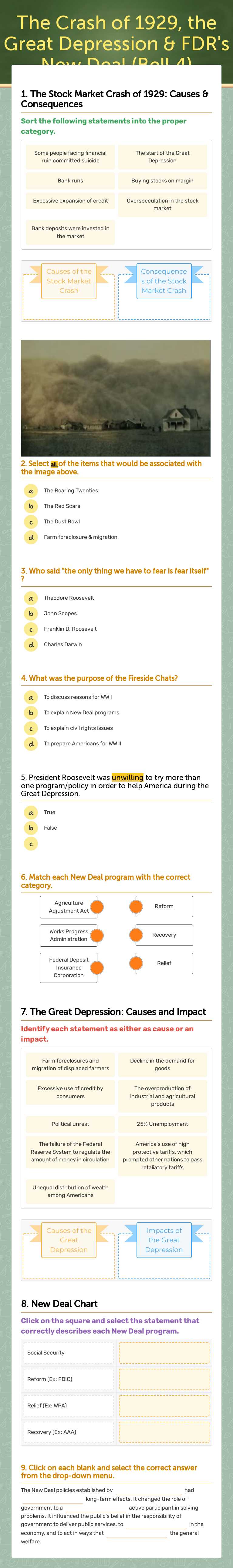 The Crash of 1929, the Great Depression & FDR's New Deal (Bell 4) worksheet preview image