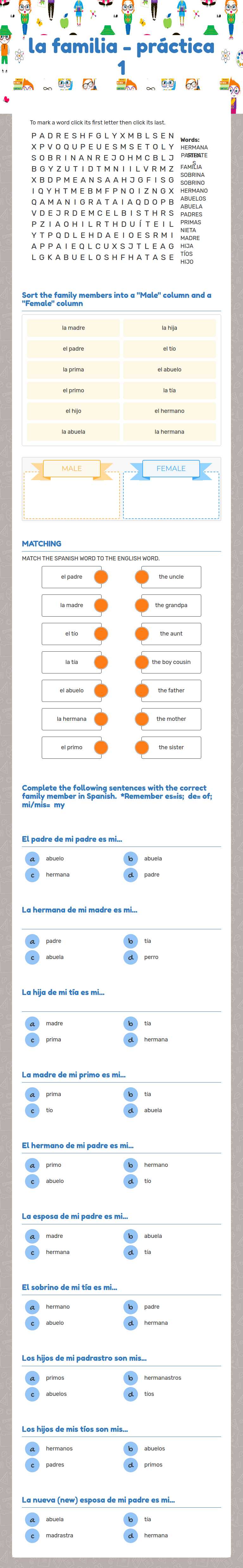 la familia -                 práctica 1 Grade 5 worksheet preview