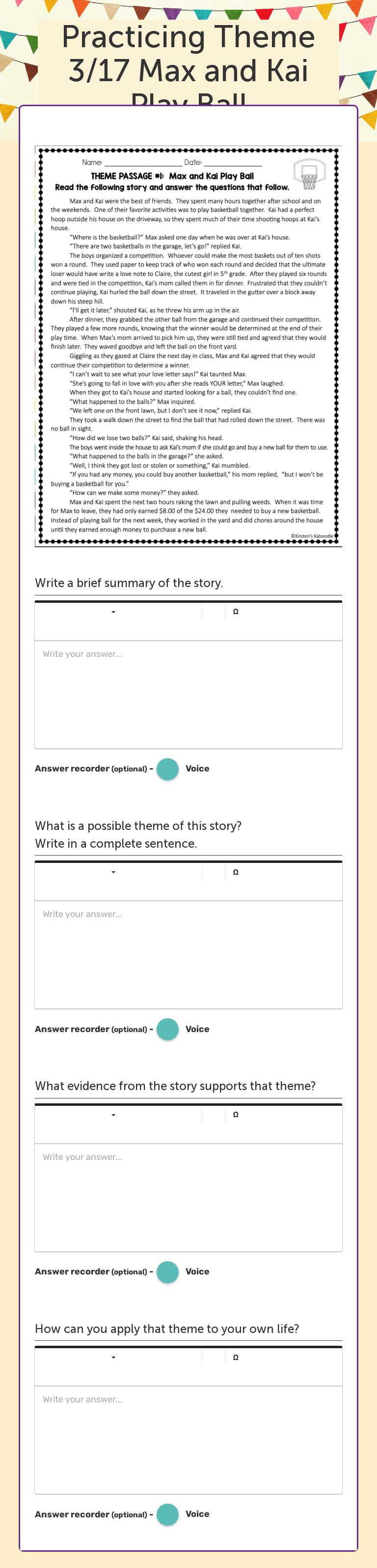 Practicing Theme 3/17   Max and Kai Play Ball worksheet preview image