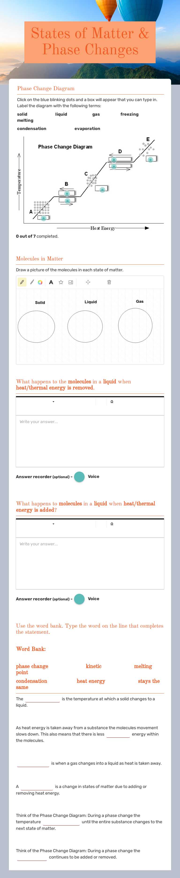 States of Matter & Phase Changes Grade 6 worksheet preview