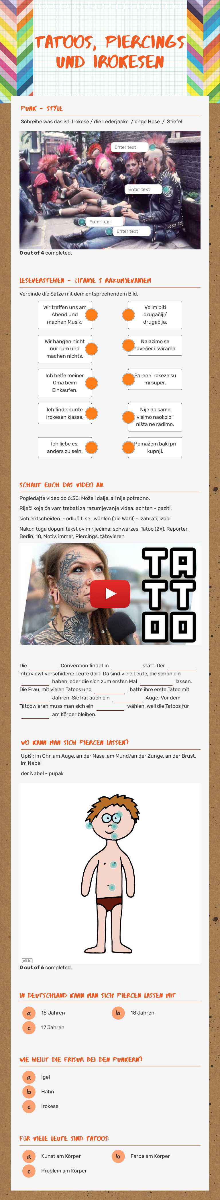 Tatoos, piercings und irokesen Grade 8 worksheet preview