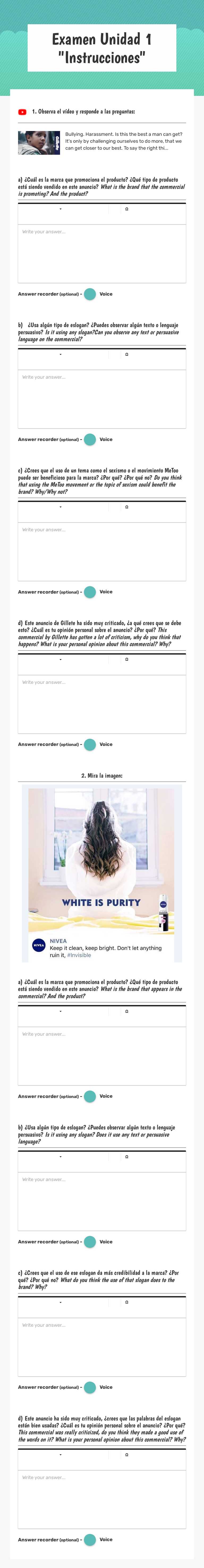 Examen Unidad 1 "Instrucciones" worksheet preview image