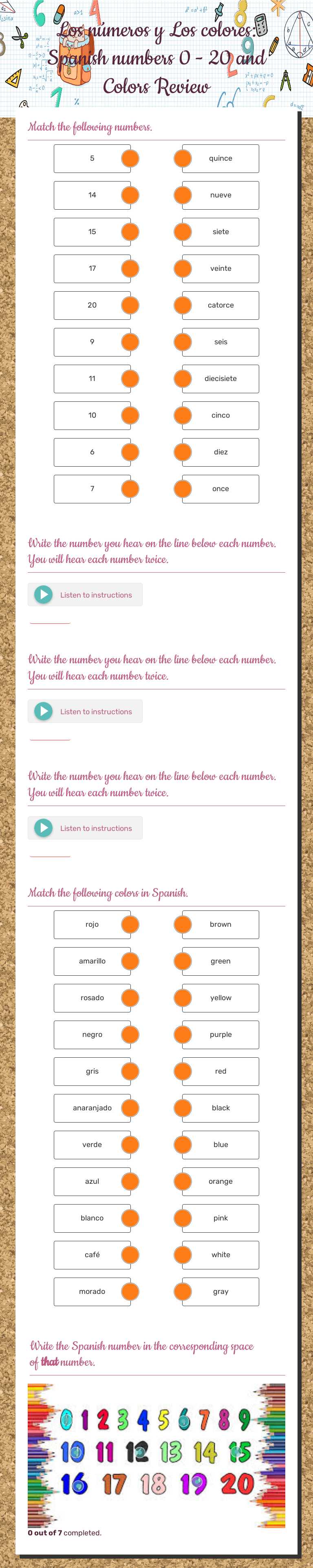 Los números y Los colores: Spanish numbers 0 - 20 and Colors Review worksheet preview image