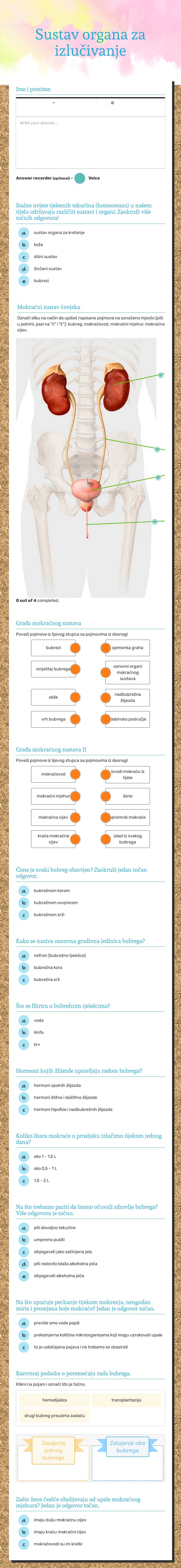 Sustav organa za izlučivanje worksheet preview image
