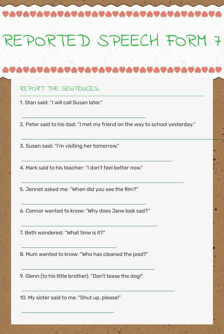 REPORTED SPEECH FORM 7 worksheet preview image