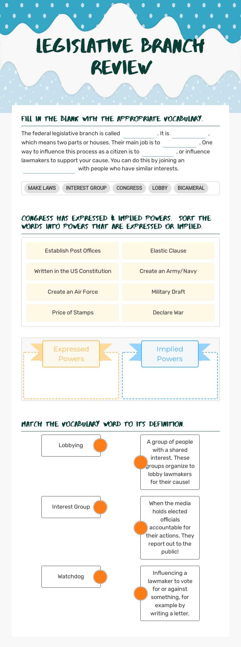 Legislative Branch Review worksheet preview image
