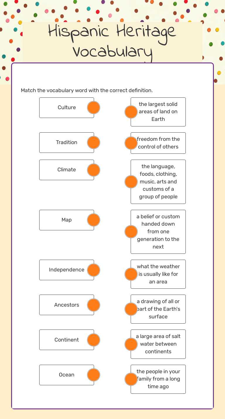 Hispanic Heritage Vocabulary worksheet preview image