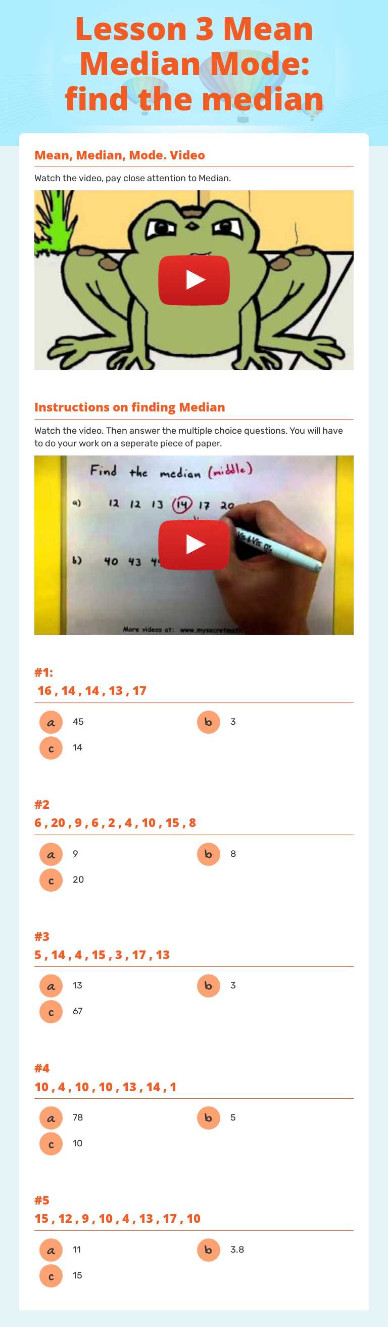 Lesson 3 Mean Median Mode: find the median worksheet preview image