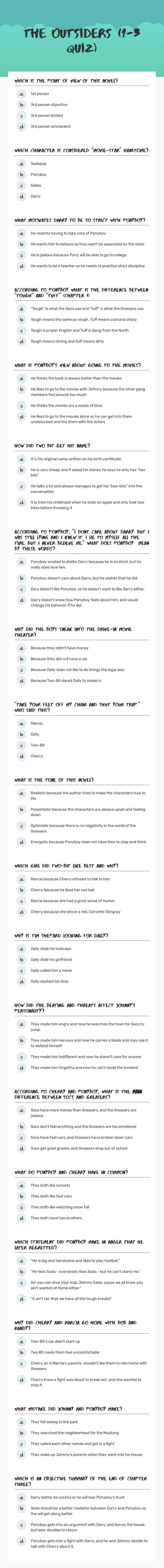 The Outsiders (1-3 Quiz) worksheet preview image