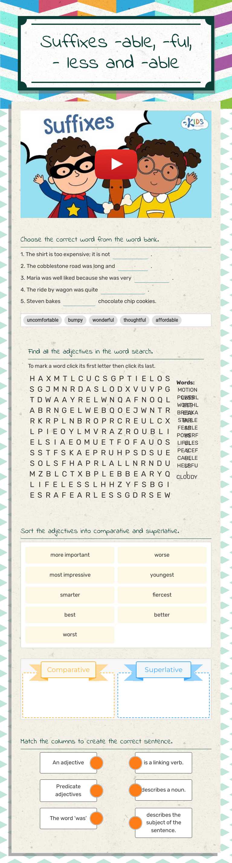 Suffixes
 -able, -ful, - less and -able worksheet preview