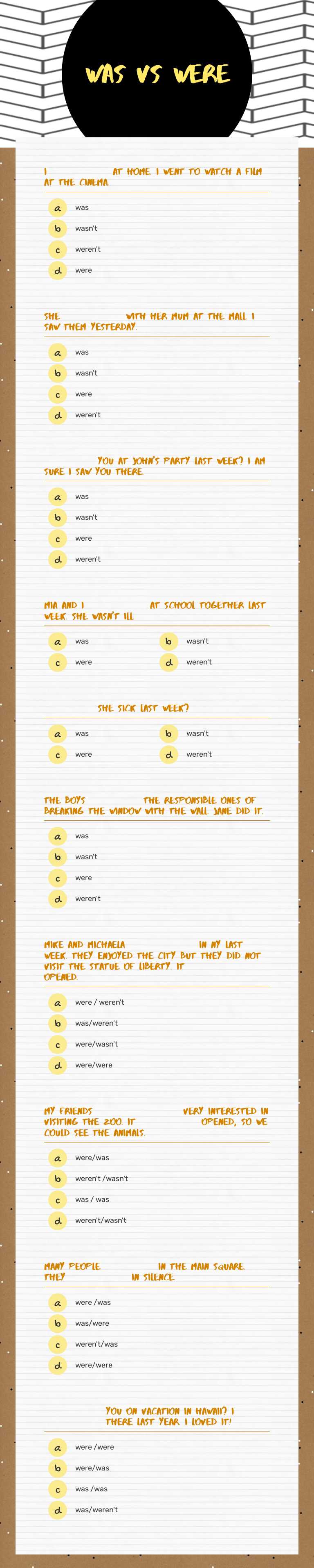 was vs were Grade 7 worksheet preview
