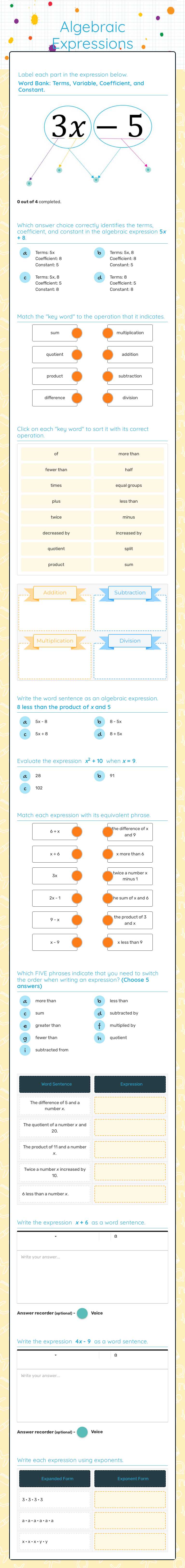 Algebraic Expressions Grade 6 worksheet preview