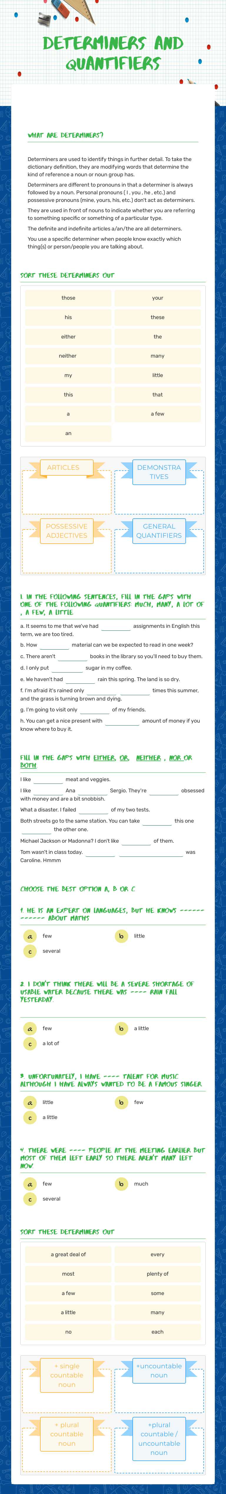 DETERMINERS AND QUAnTIFIERS Grade 10 worksheet preview