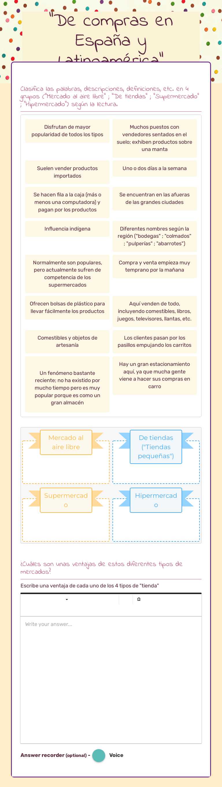 "De compras en España y Latinoamérica" worksheet preview image