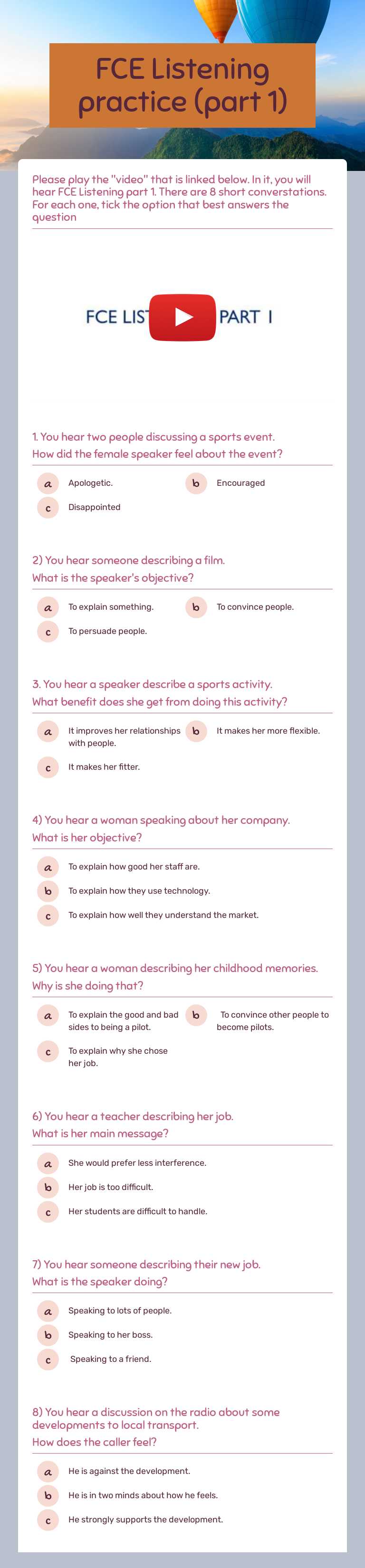 FCE Listening practice (part 1) worksheet preview image