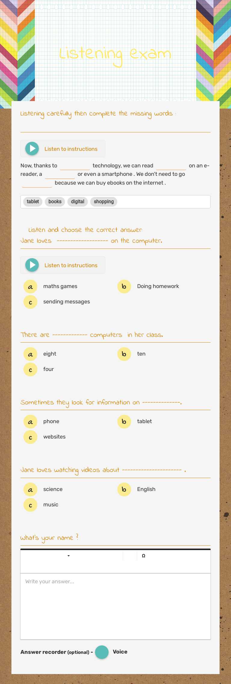 Listening exam worksheet preview image