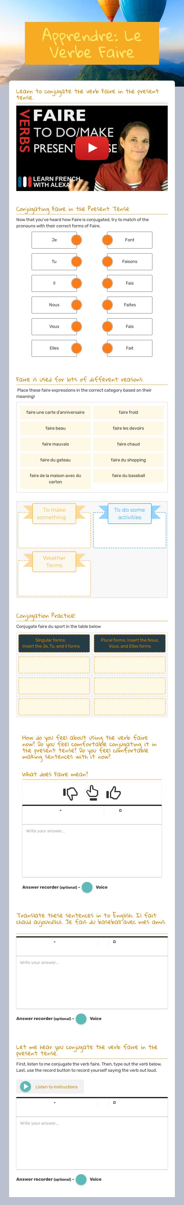 Apprendre:         Le Verbe Faire worksheet preview image