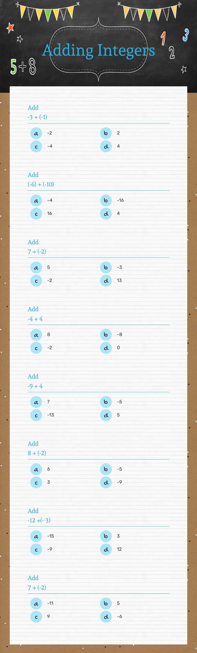 Adding Integers worksheet preview image