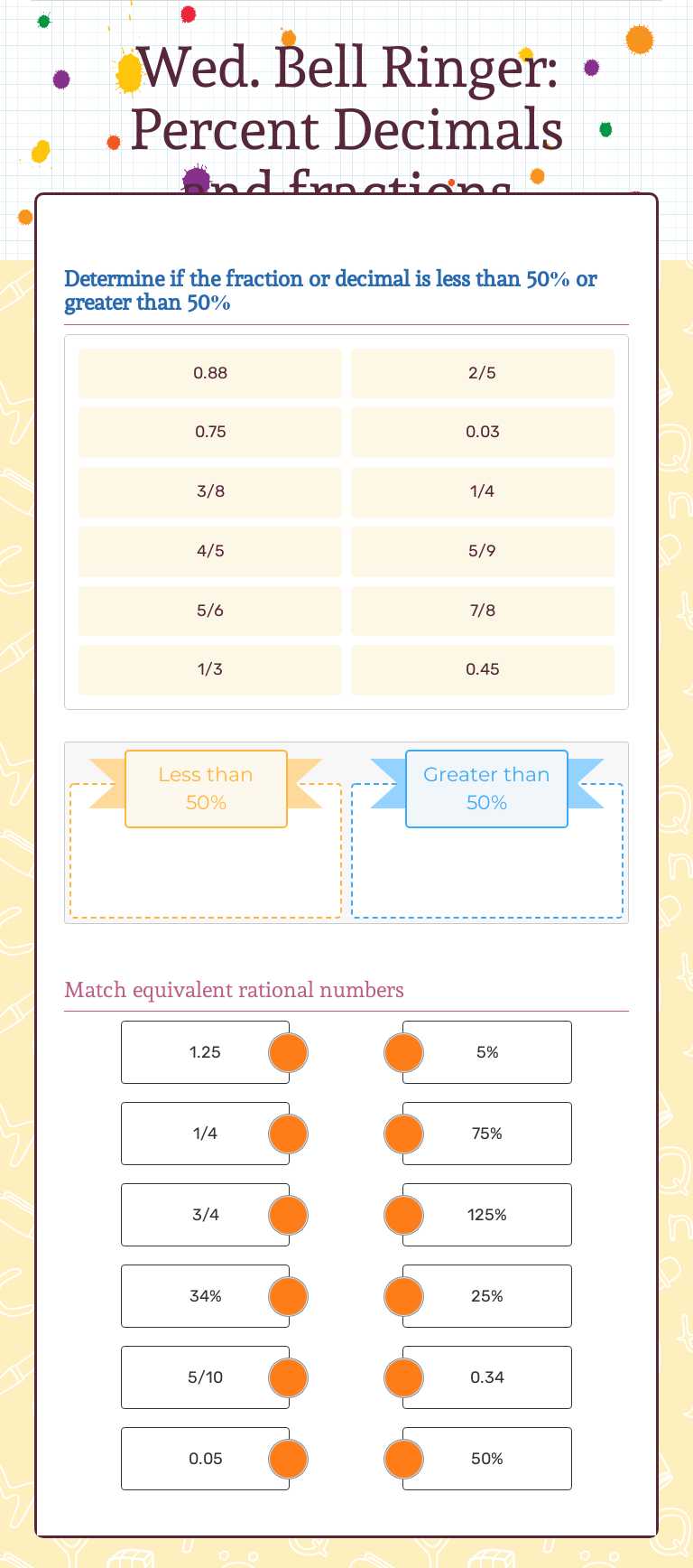 Percent Decimals and Fractions worksheet preview image