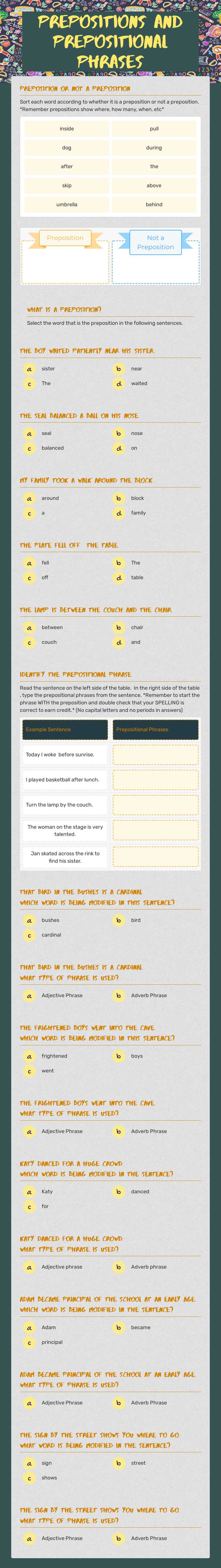 Prepositions and Prepositional Phrases Grade 4 worksheet preview