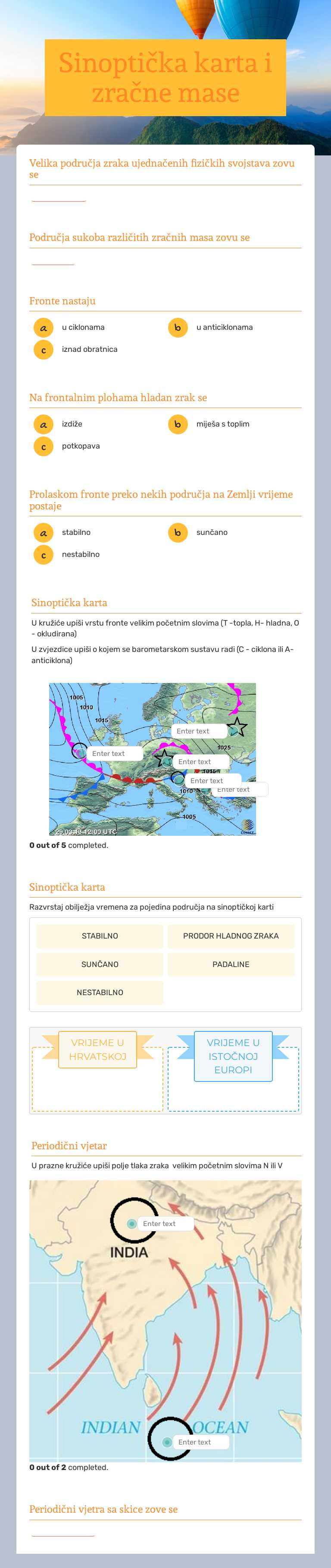Sinoptička karta i zračne mase Grade 9 worksheet preview