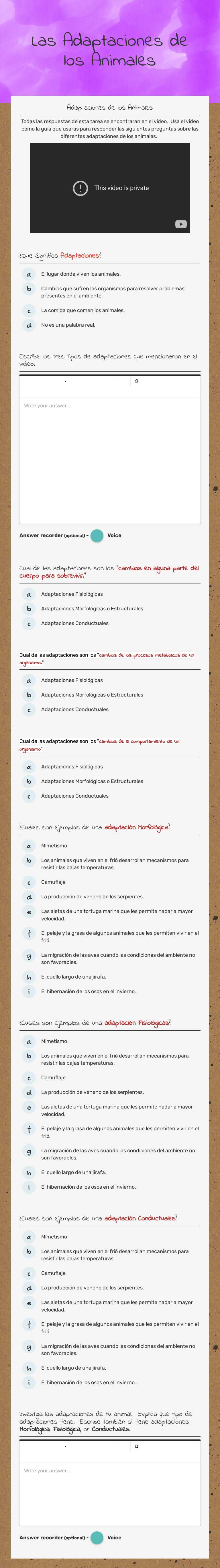 Las Adaptaciones de los Animales worksheet preview image