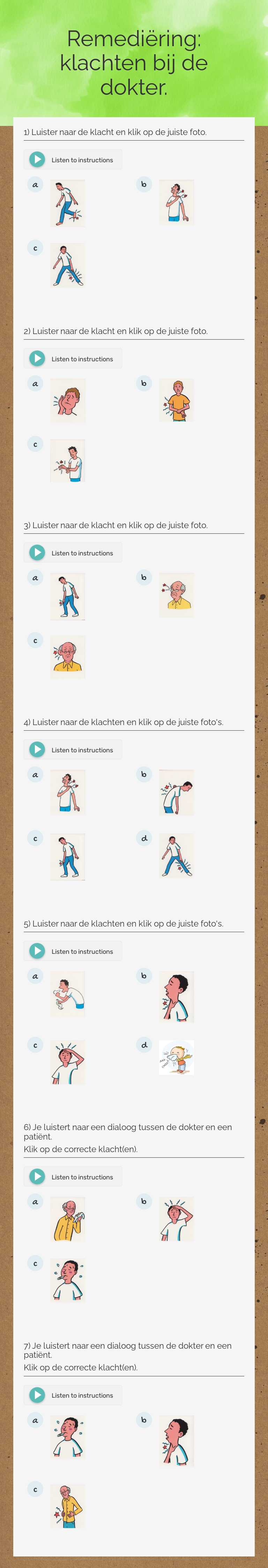 Remediëring: klachten bij de dokter. Grade 1 worksheet preview