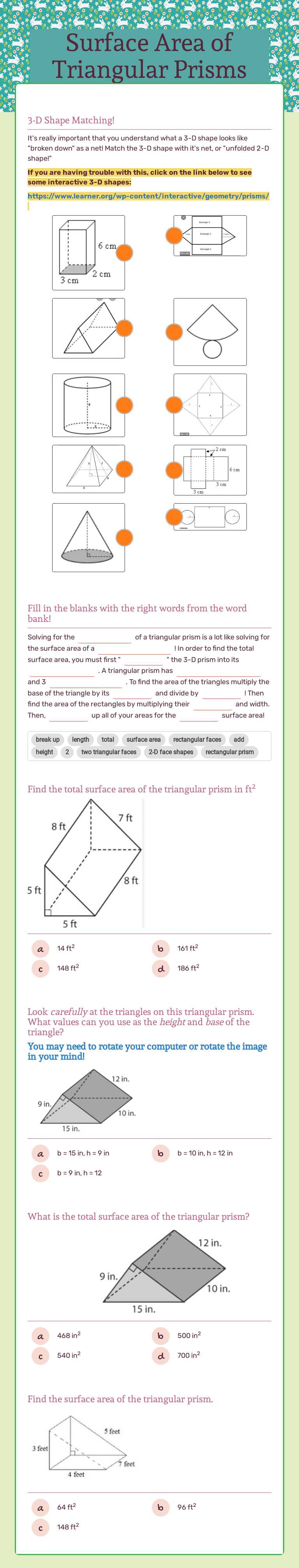 Surface Area of Triangular Prisms worksheet preview image
